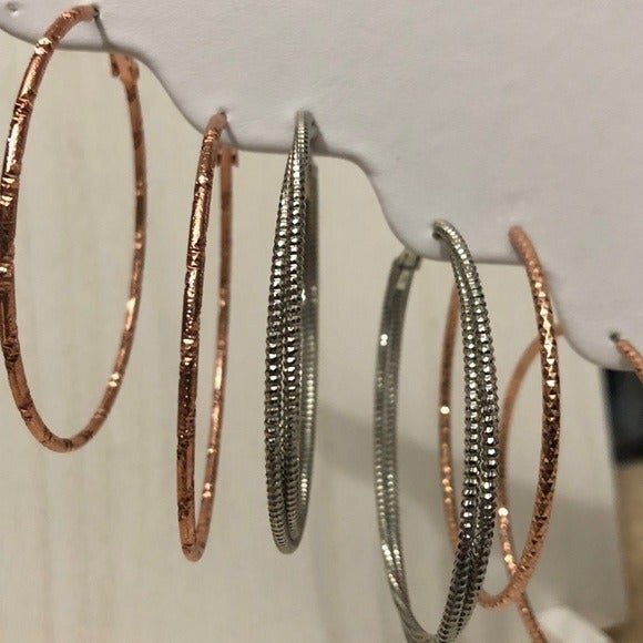 Textured Hoop Statement Earrings Silver & Gold Toned 3 Pair - Picture 4 of 11